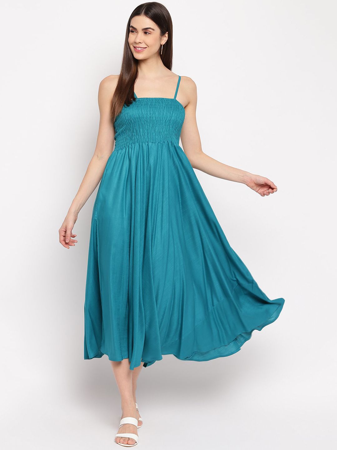 Aawari Women Teal Blue Solid Fit and Flare Dress Price in India