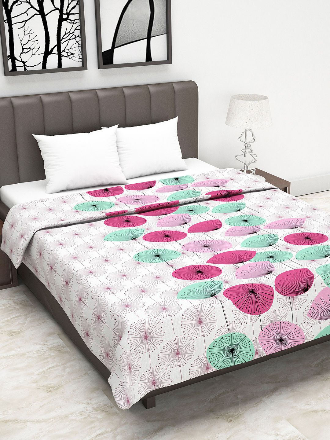 Divine Casa White & Pink Floral AC Room 110 GSM Double Bed Dohar Price in India