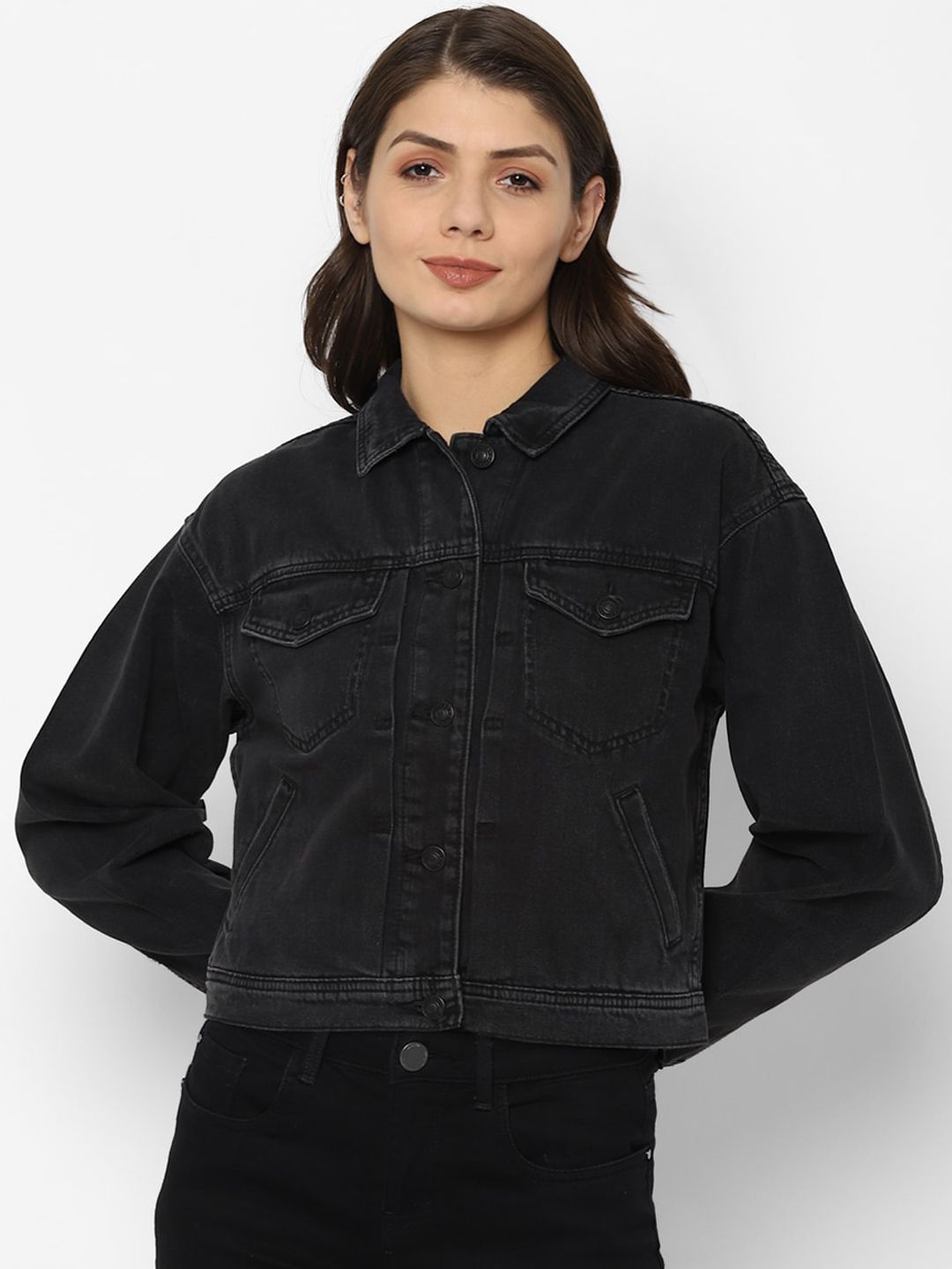 AMERICAN EAGLE OUTFITTERS Women Black Solid Denim Jacket Price in India