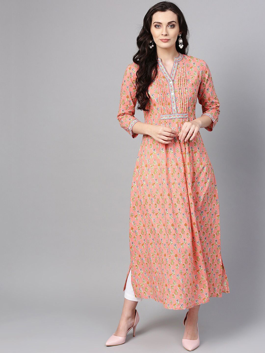 Varanga Women Peach-Coloured & Yellow Ethnic Motifs Printed Anarkali Cotton Kurta