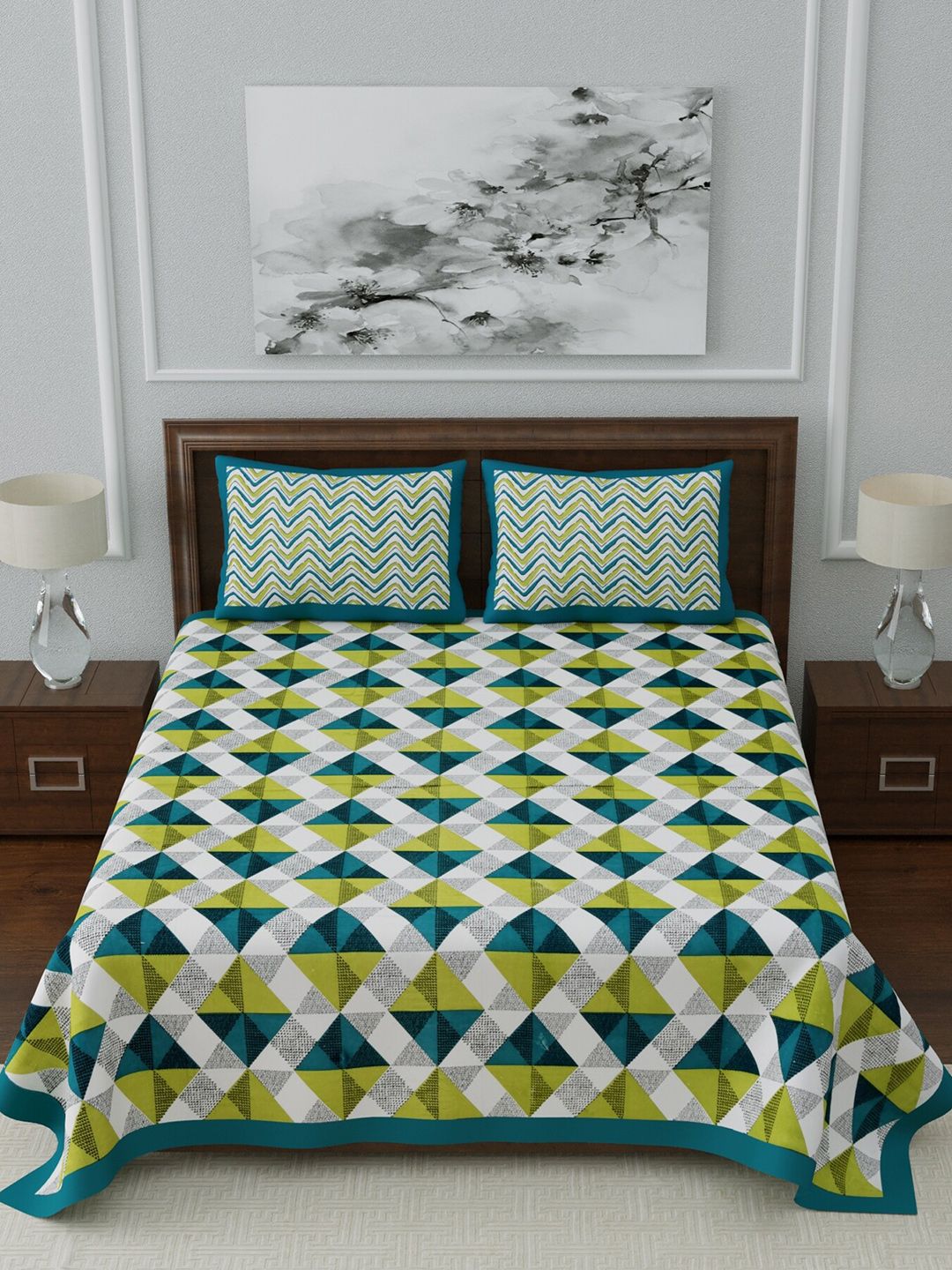 LIVING ROOTS White & Lime Green Geometric 144 TC Cotton 1 Queen Bedsheet with 2 Pillow Covers Price in India