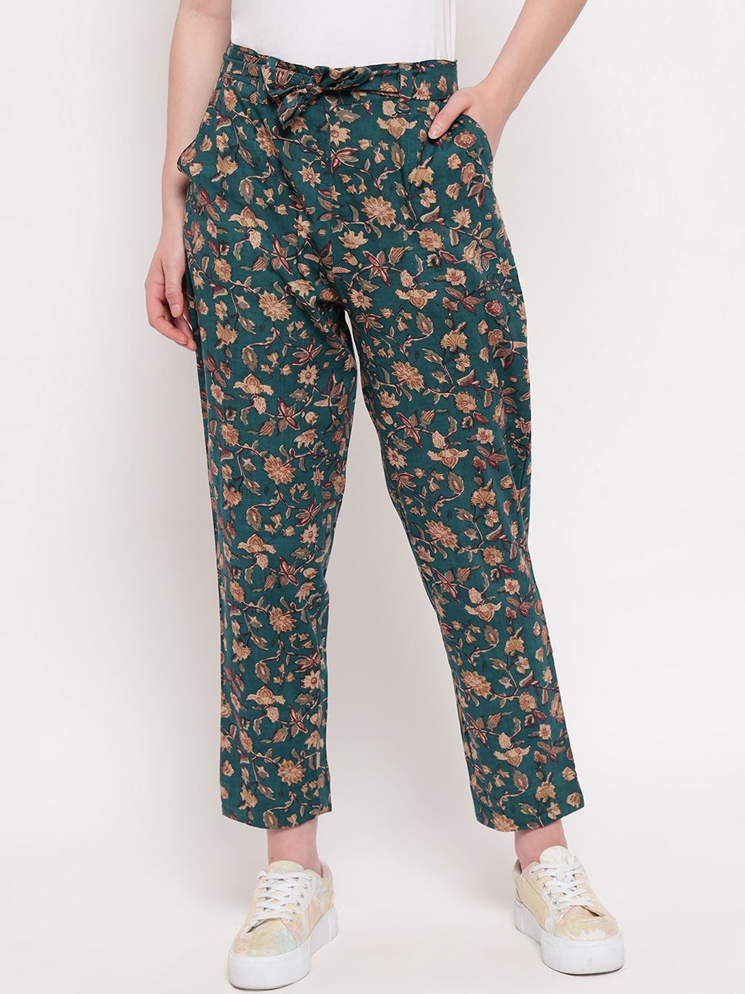 Aawari Women Green & Beige Regular Fit Printed Regular Trousers Price in India