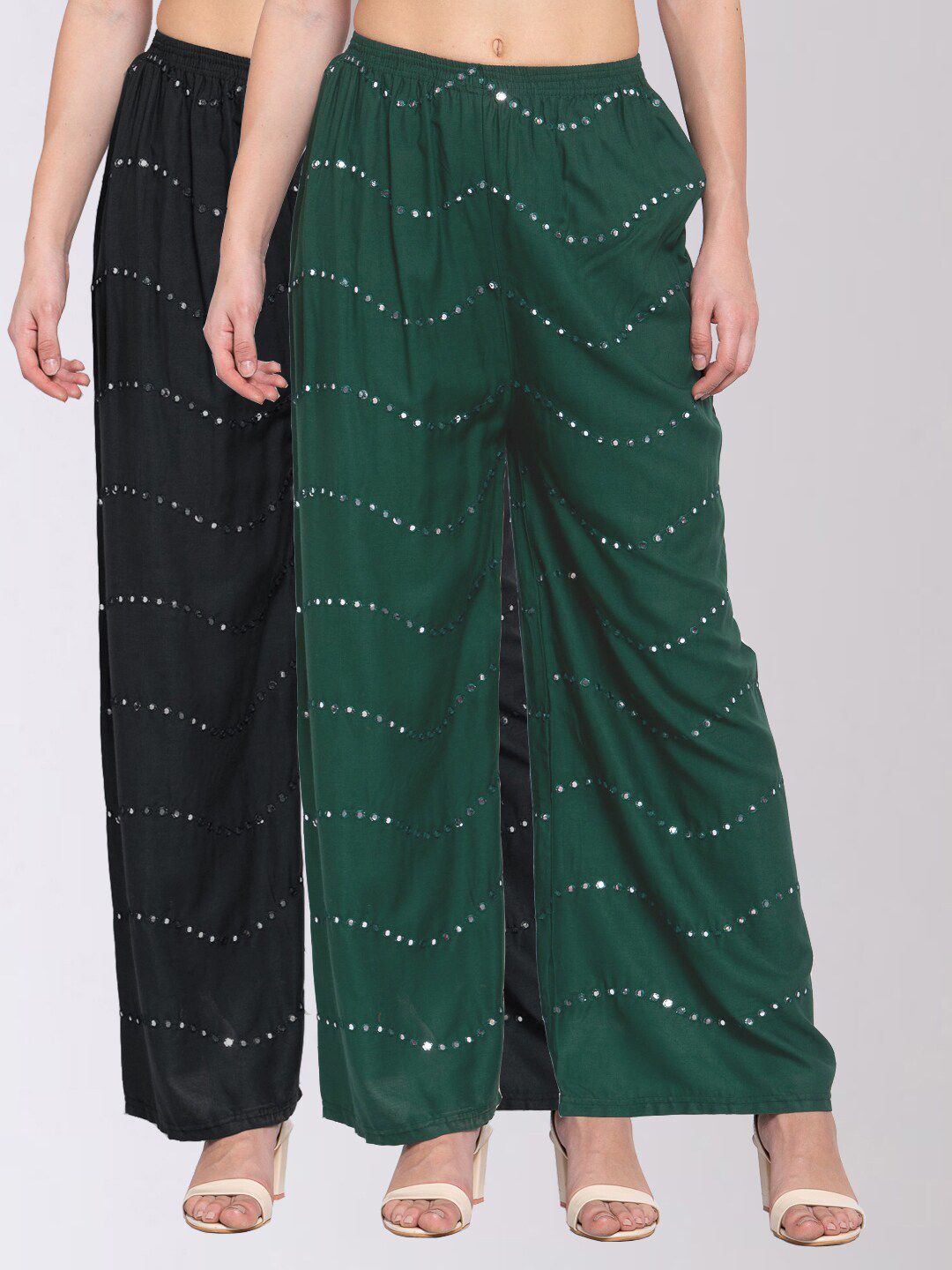 KLOTTHE Women Pack Of 2 Black & Green Self-Design Wide Leg Palazzos Price in India