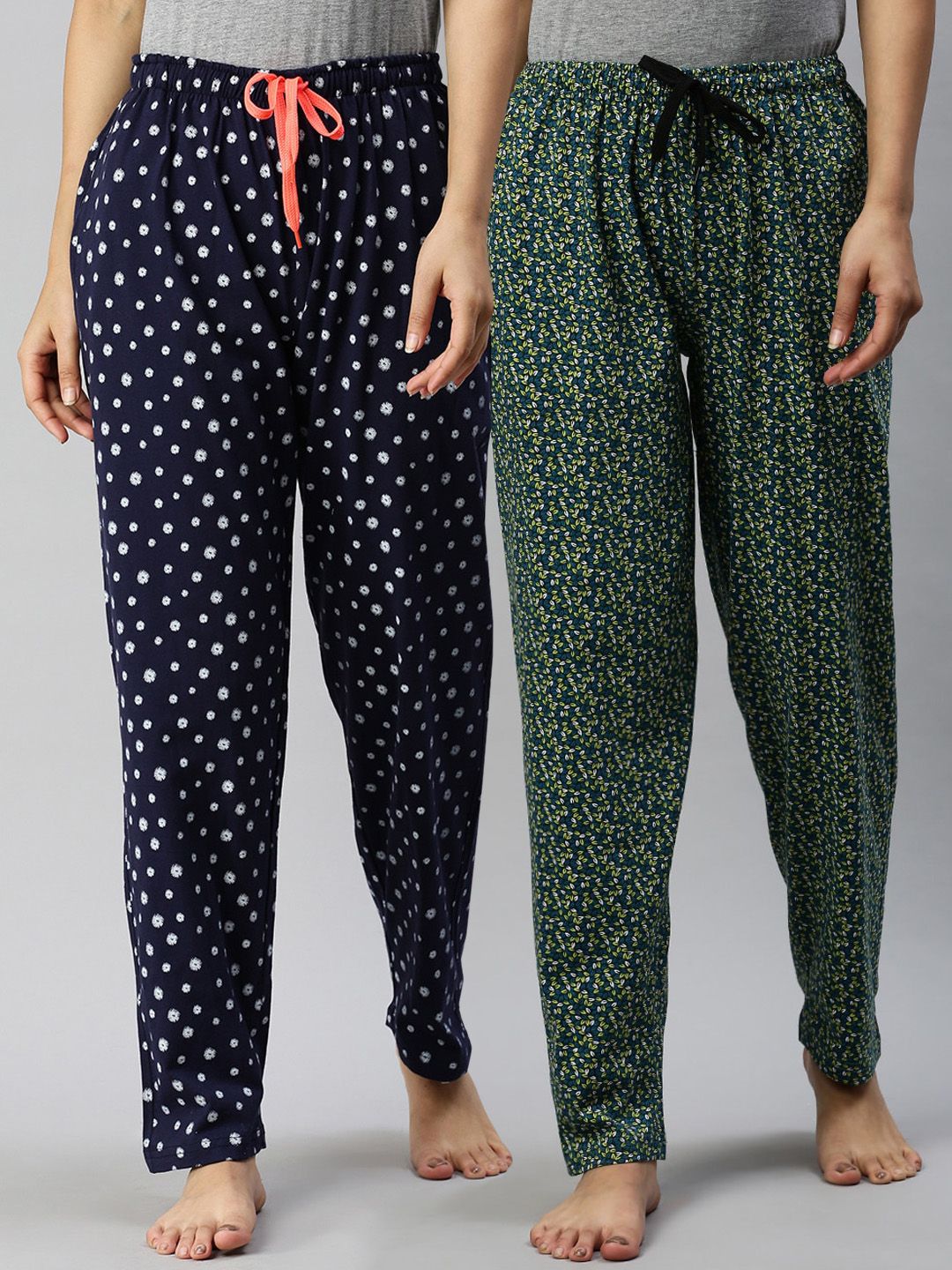 Kryptic Women Navy Blue & Black Pack of 2 Printed Pure Cotton Lounge Pants Price in India