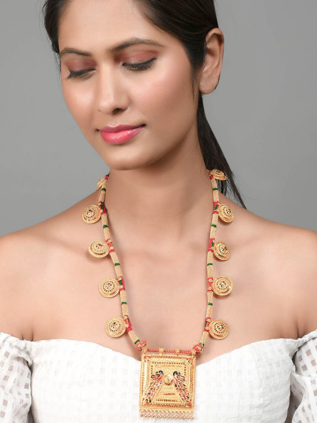 Silvermerc Designs Gold-Plated & Green Brass Staement Temple Necklace Price in India