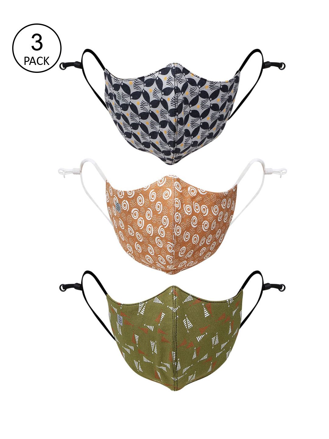 Bonjour Women Pack Of 3 Printed 3-Ply Cotton Reusable Outdoor Cloth Mask Price in India