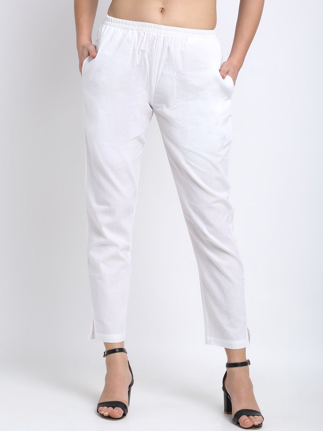 NEUDIS Women White Cotton Regular Fit Solid Cropped Peg Trousers Price in India