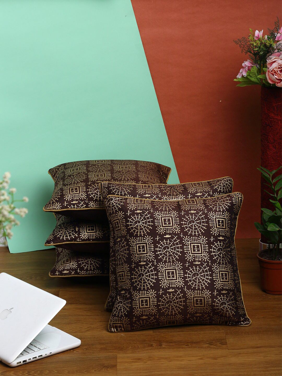 HOSTA HOMES Brown & Gold-Toned Set of 5 Geometric Square Cushion Covers Price in India