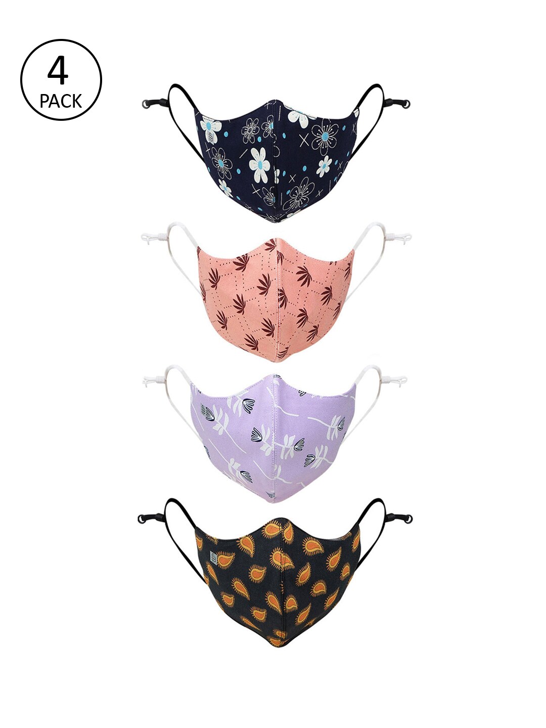 Bonjour Women Pack Of 4  Printed 3-Ply Cotton Reusable Outdoor Cloth Mask Price in India