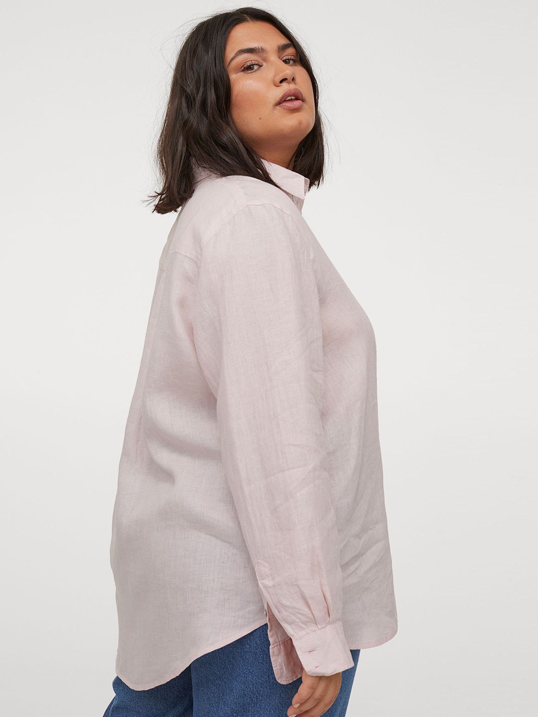 H&M+ Women Pink Solid Linen Shirt