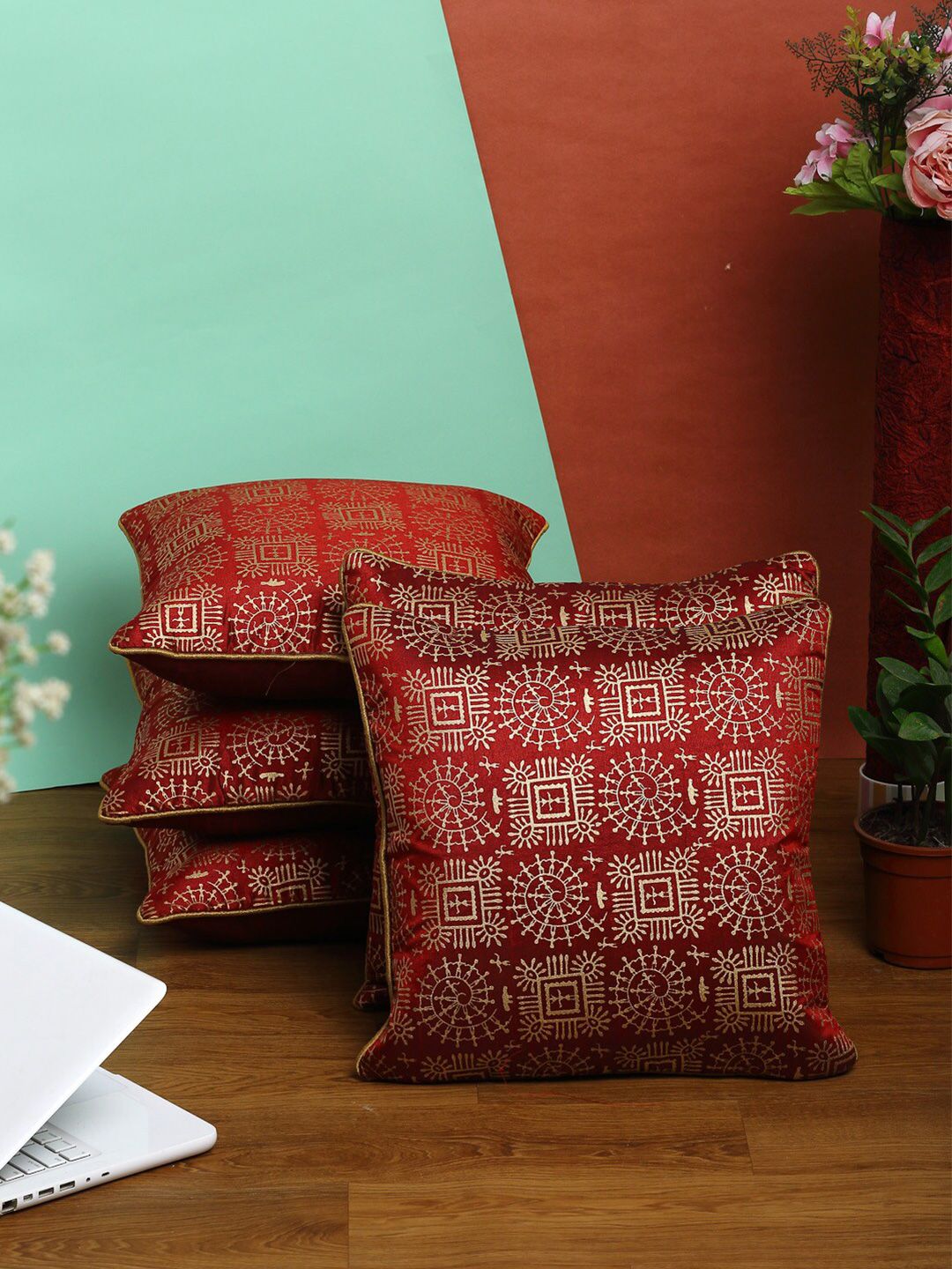 HOSTA HOMES Set of 5 Maroon & Gold-Toned Geometric Square Cushion Covers Price in India