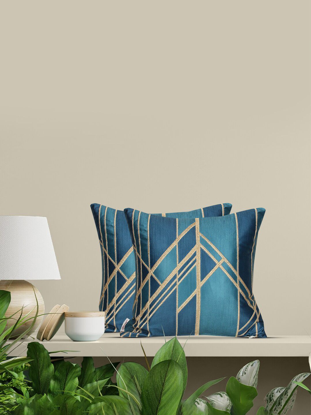 Home Blue & Gold-Toned Set of 2 Geometric Square Cushion Covers Price in India
