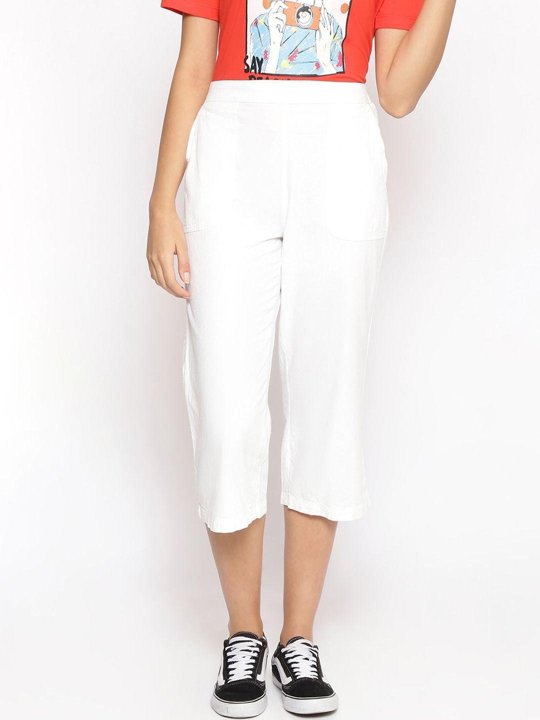 Oxolloxo Women White Regular Fit Solid Culottes Price in India