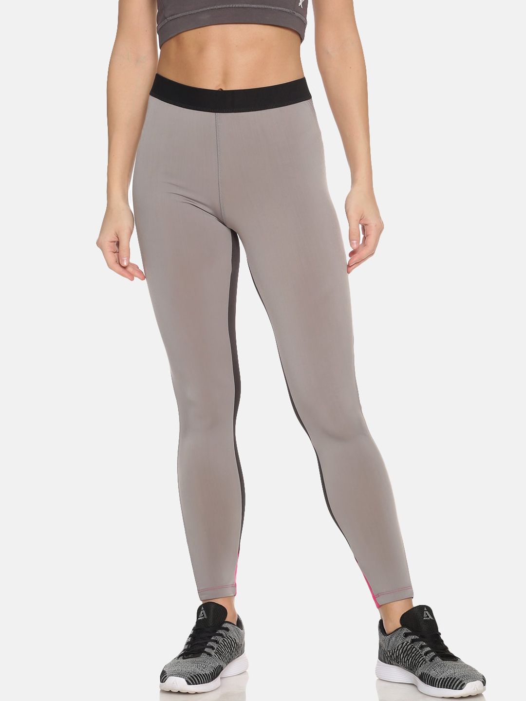 Campus Sutra Women Grey & Pink Back Colourblocked Training Tights Price in India