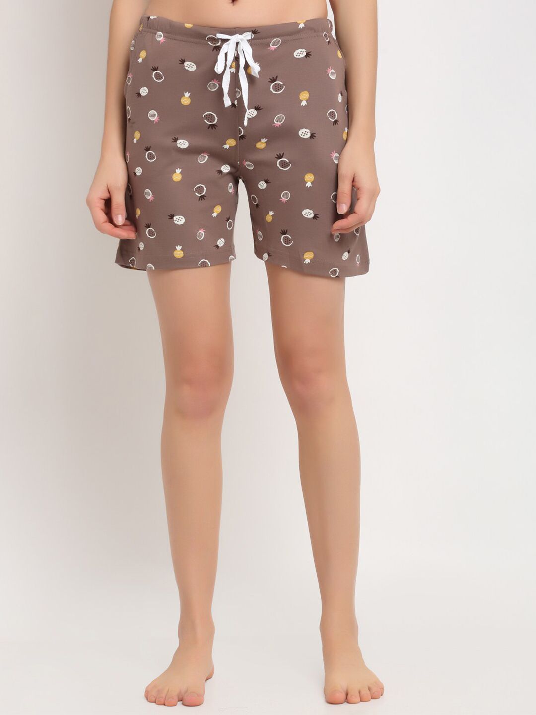 Kanvin Women Brown & White Printed Cotton Lounge Shorts Price in India