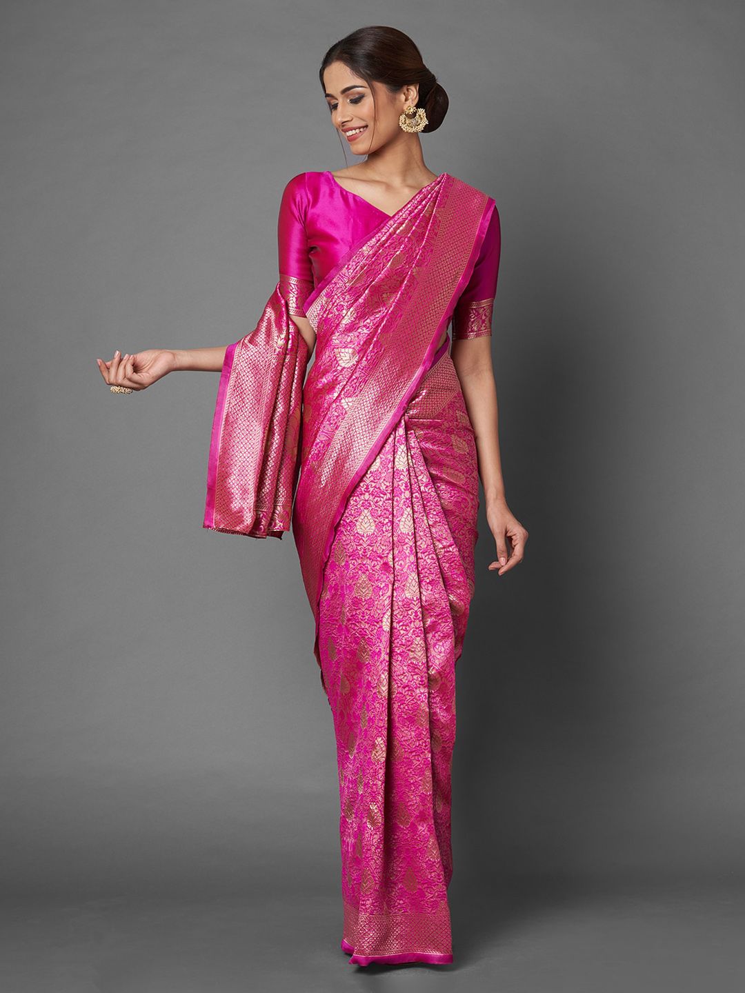 Mitera Pink Ethnic Motifs Zari Silk Blend Banarasi Saree Price in India