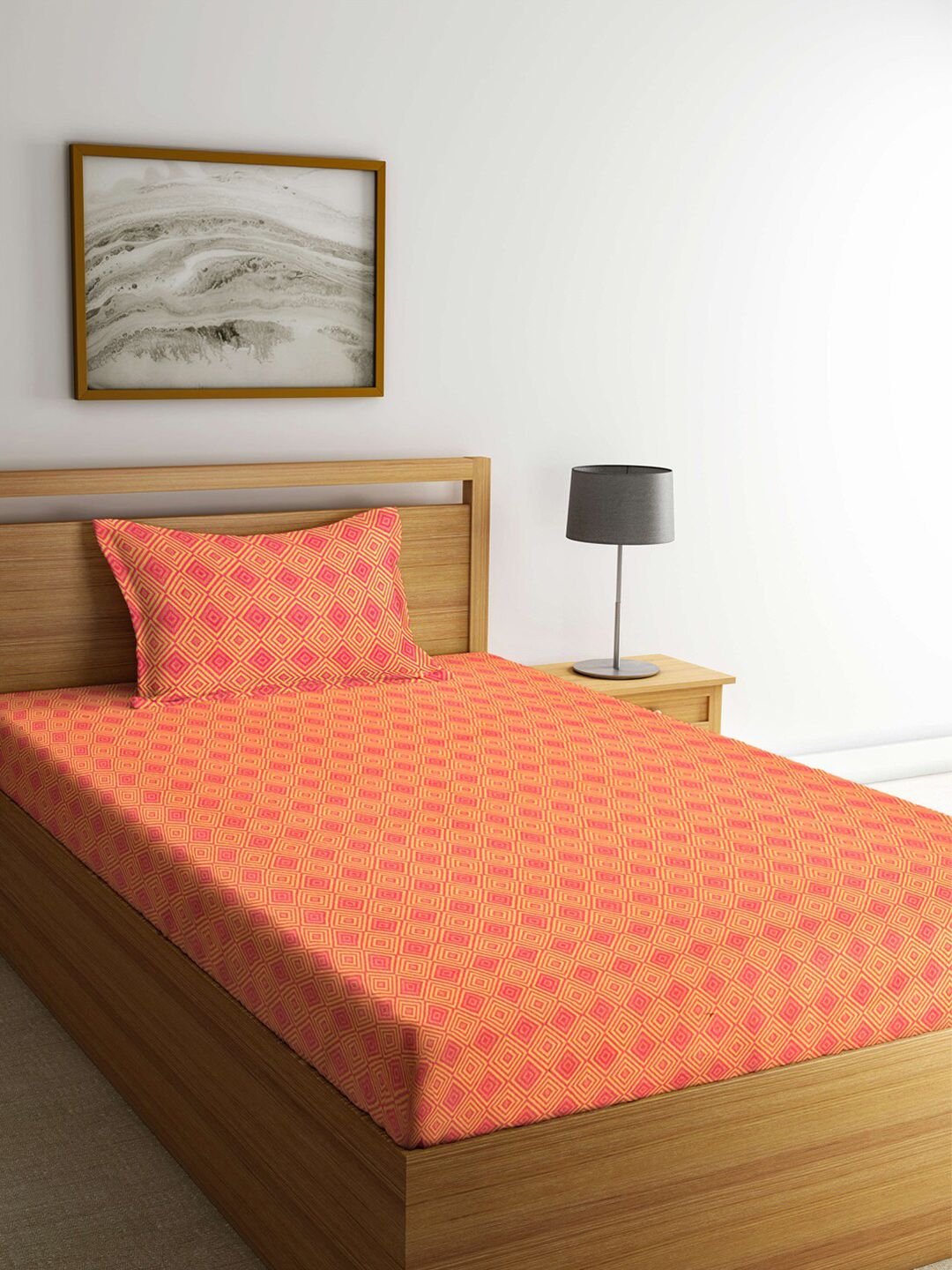KLOTTHE Orange & Pink Geometric 300 TC Cotton 1 Single Bedsheet with 1 Pillow Cover Price in India