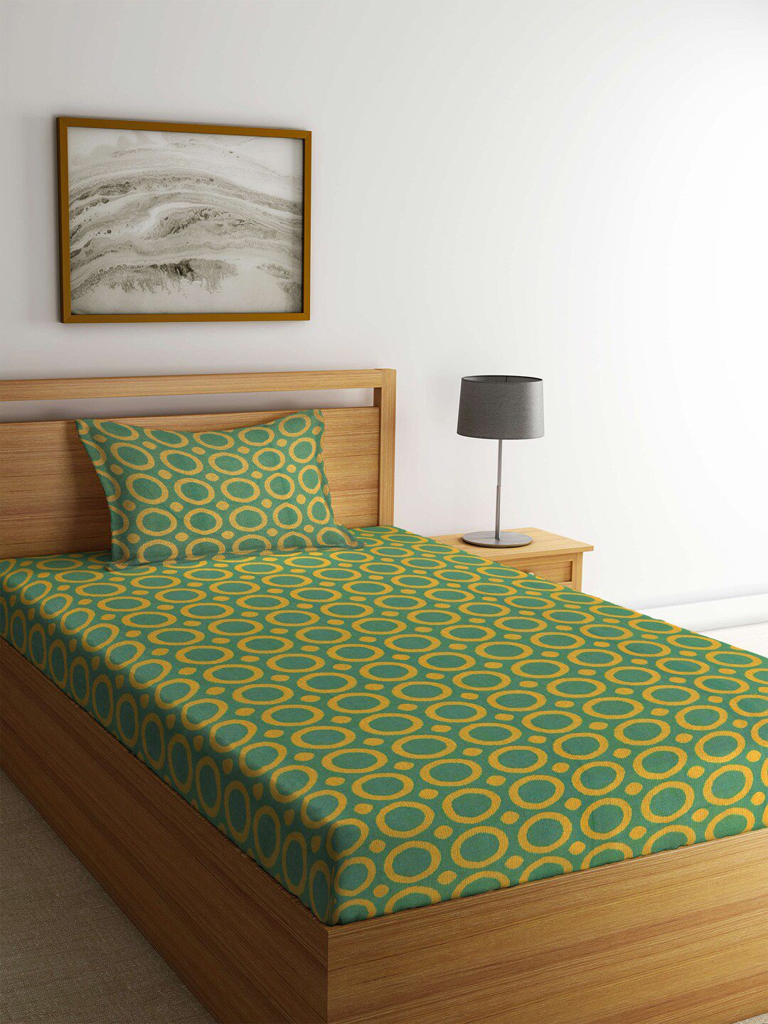 KLOTTHE Green & Yellow Geometric 300 TC Cotton 1 Single Bedsheet with 1 Pillow Covers Price in India