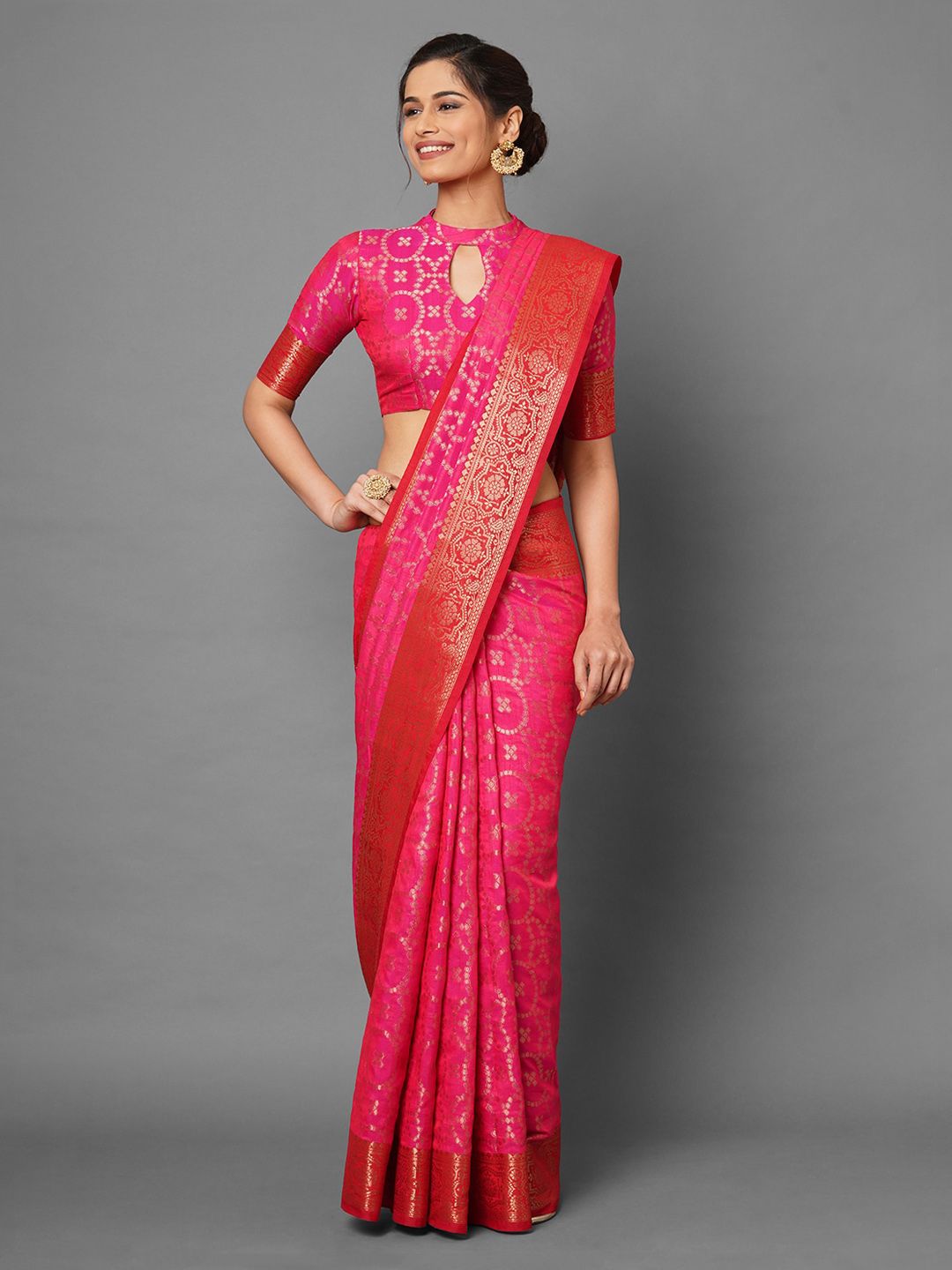 Mitera Pink & Gold-Toned Woven Design Silk Blend Banarasi Saree Price in India