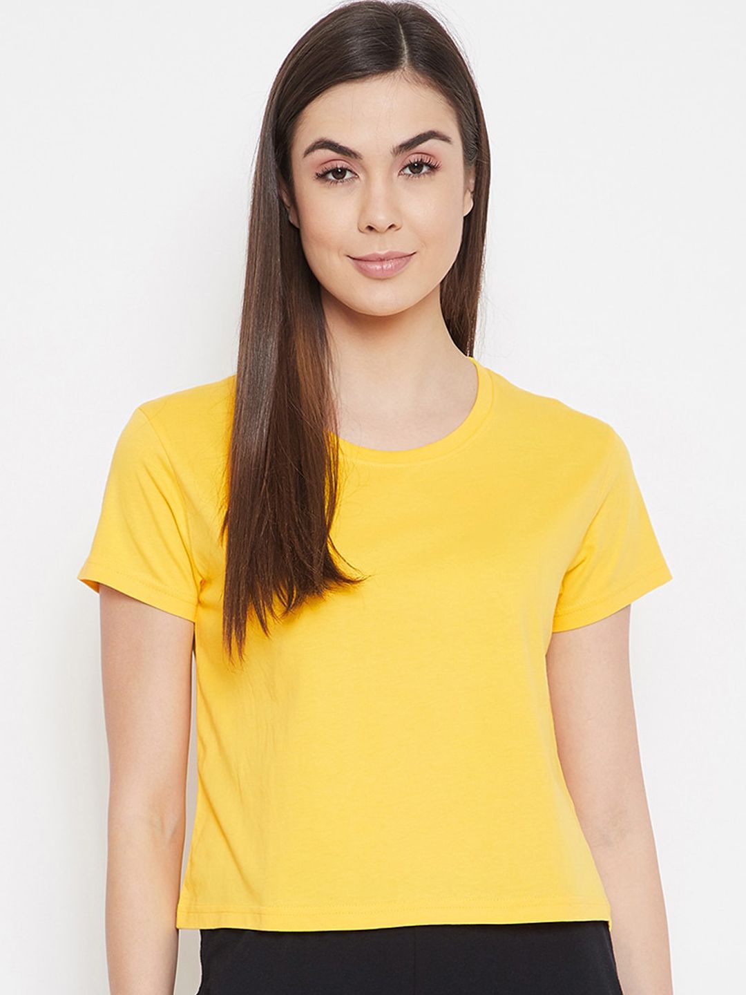 Clovia Women Yellow Solid Cotton Crop Lounge T-shirts Price in India