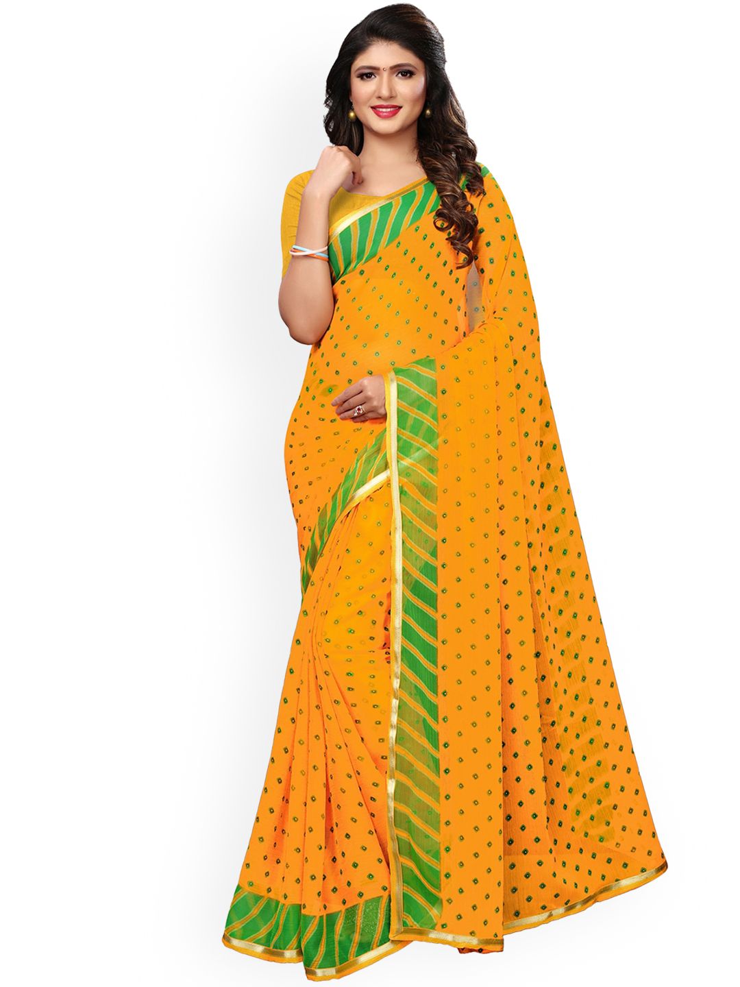 KALINI Yellow & Green Bandhani Zari Pure Chiffon Saree