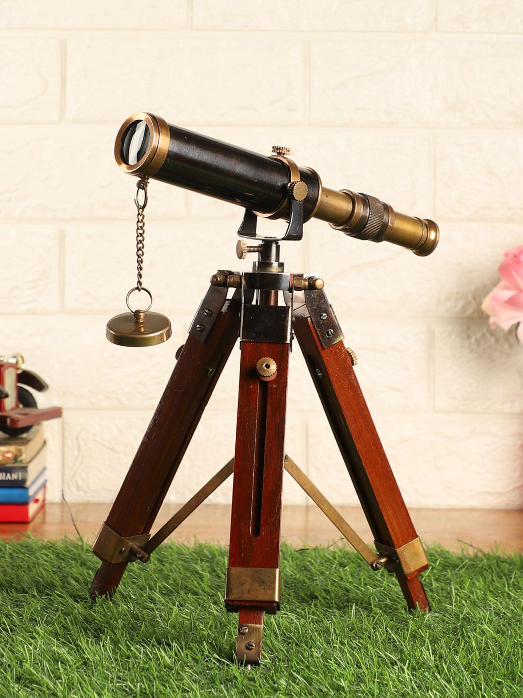 EXIM DECOR Black & Gold-Toned Antique Telescope With Wooden Tripod Stand Price in India