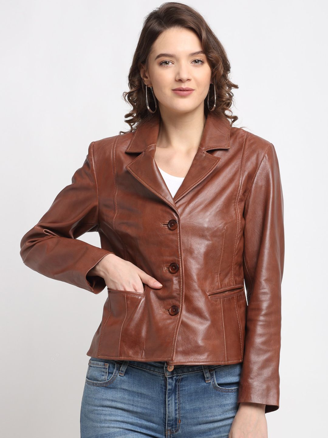 Teakwood Leathers Women Brown Leather Lightweight Tailored Jacket Price in India