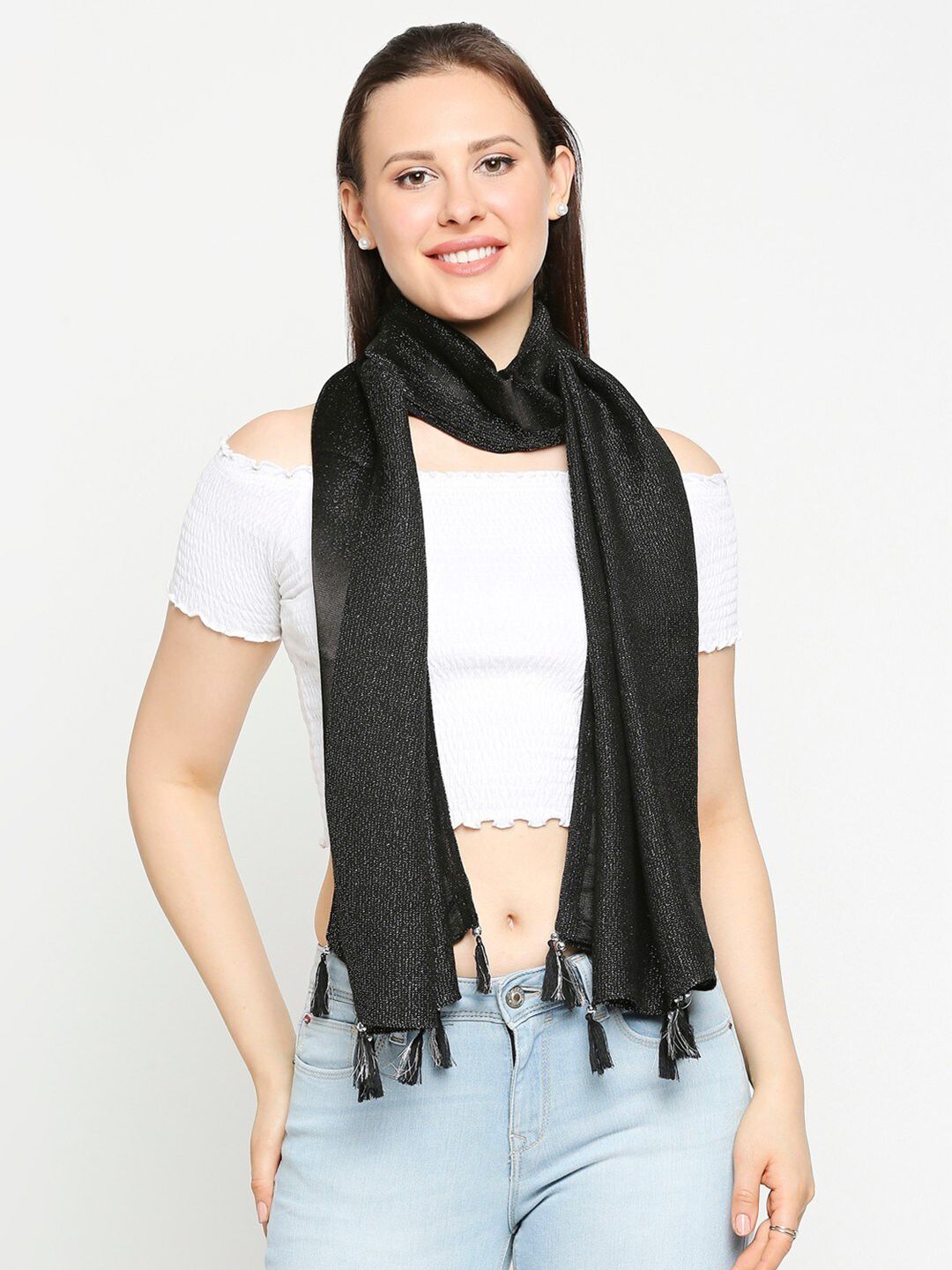 Get Wrapped Women Black Tassels Scarf Price in India