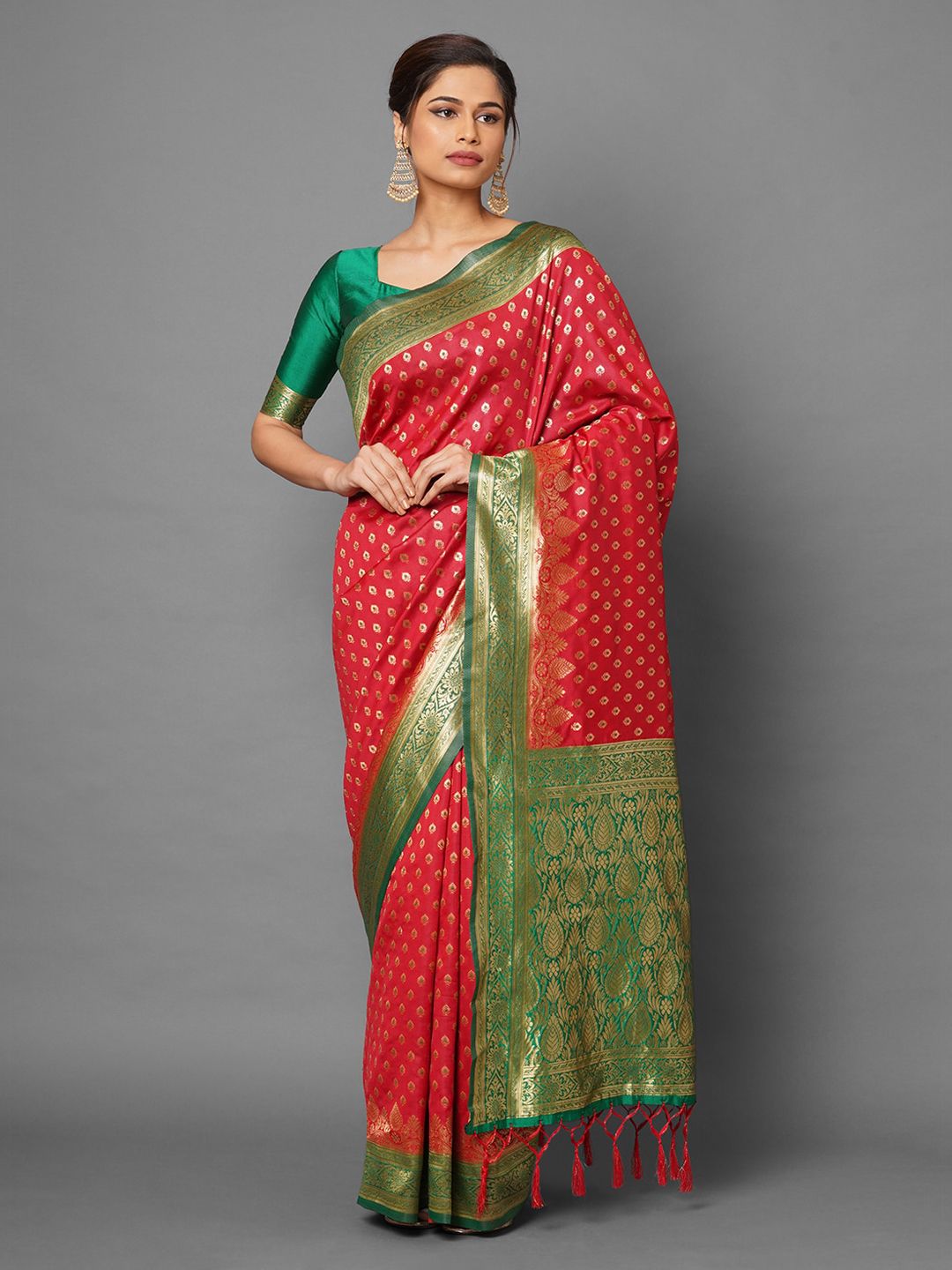 Mitera Red & Green Ethnic Motifs Zari Silk Blend Banarasi Saree ...