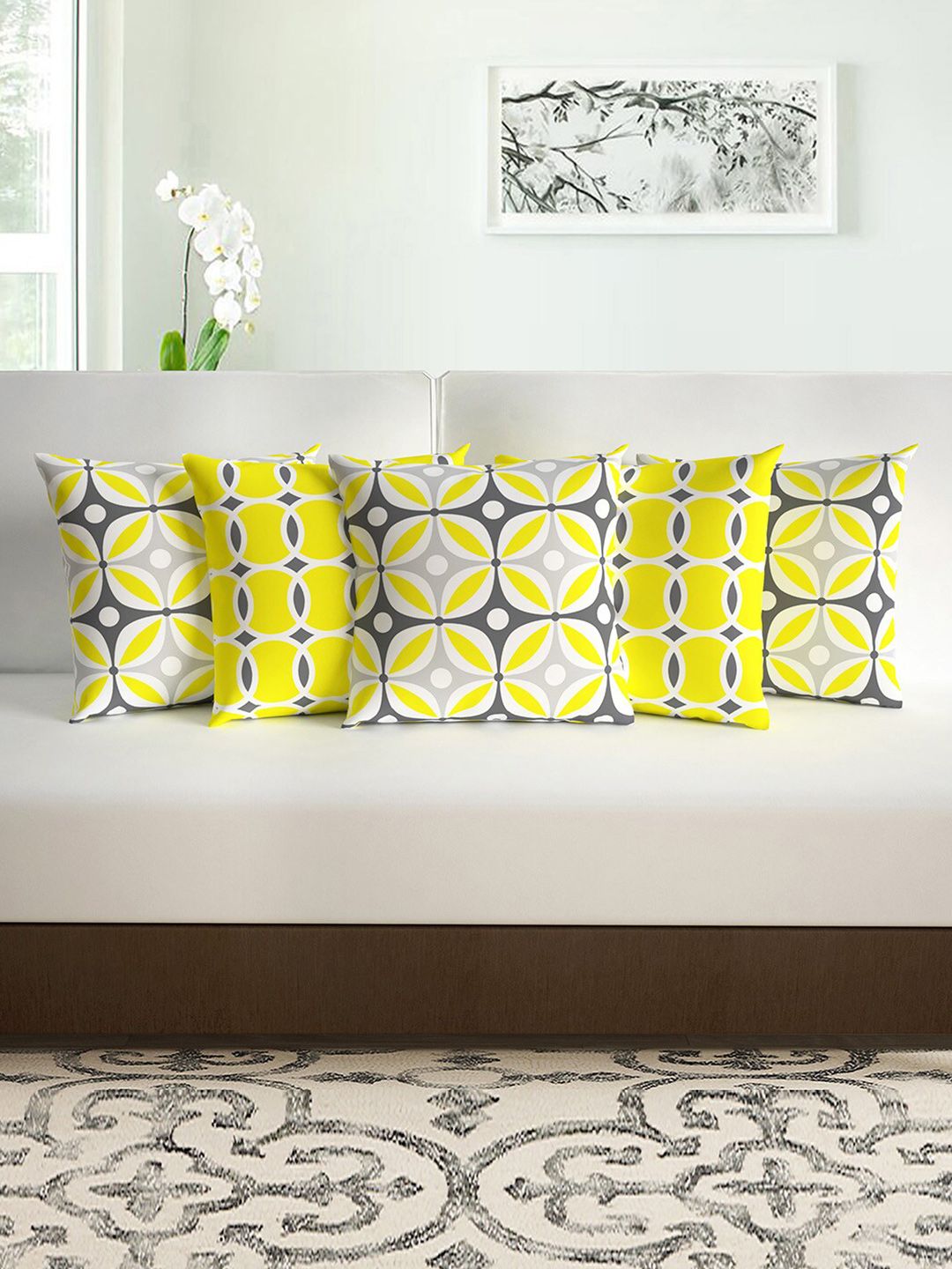 Divine Casa Yellow & Grey Set of 5 Geometric Square Cushion Covers Price in India