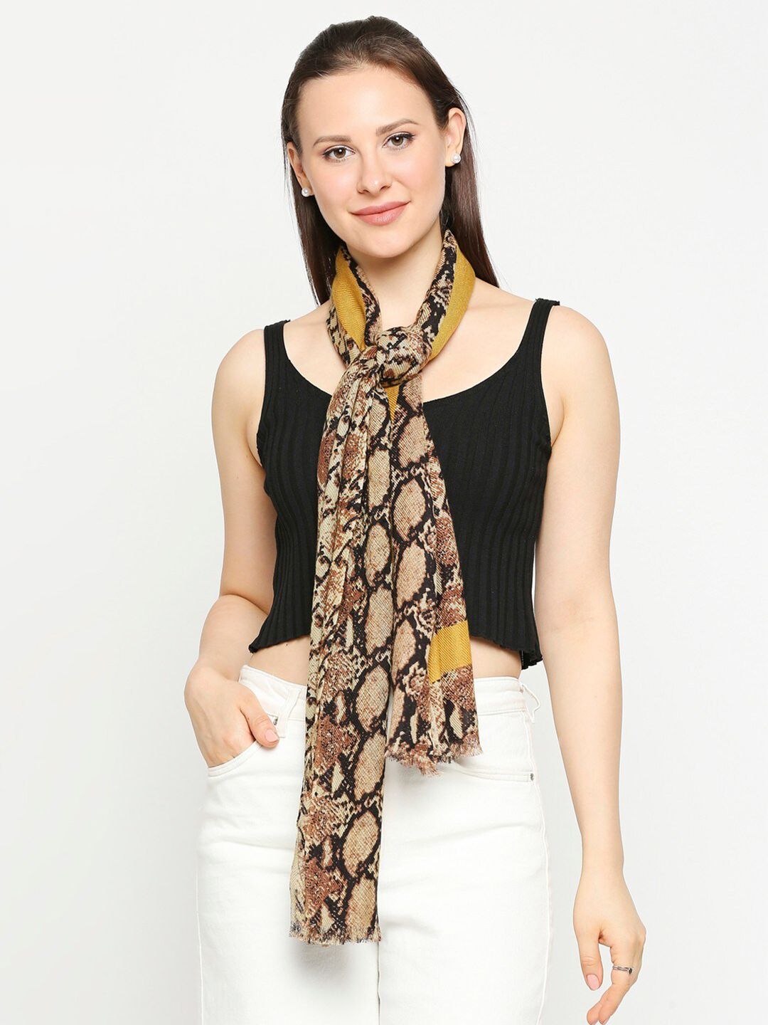 Get Wrapped Women Black & Brown Printed Scarf Price in India