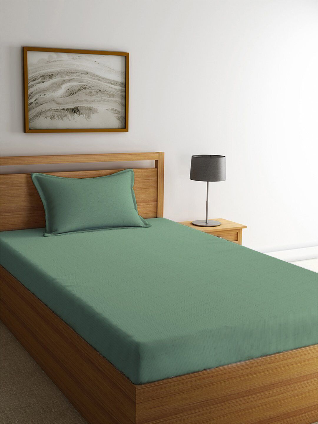 MAYFAIR HOMES LONDON Green Solid 144 TC Cotton 1 Single Bedsheet with 1 Pillow Covers Price in India