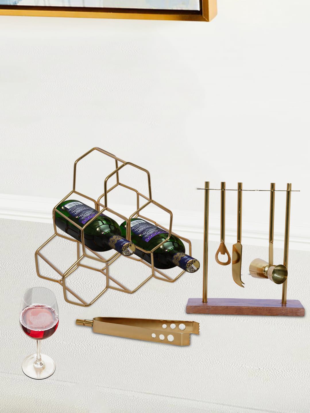 nestroots Gold-Toned Solid Bar Rack & Bar Tool Set Price in India