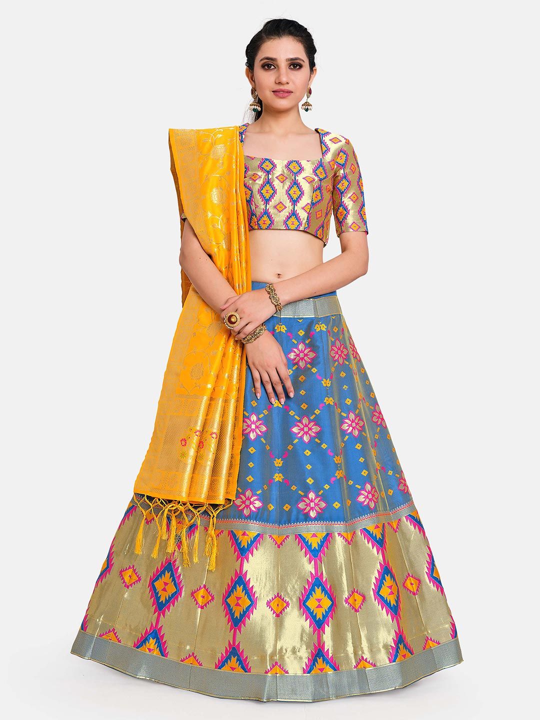 MIMOSA Gold & Blue Semi-Stitched Lehenga & Blouse with Dupatta