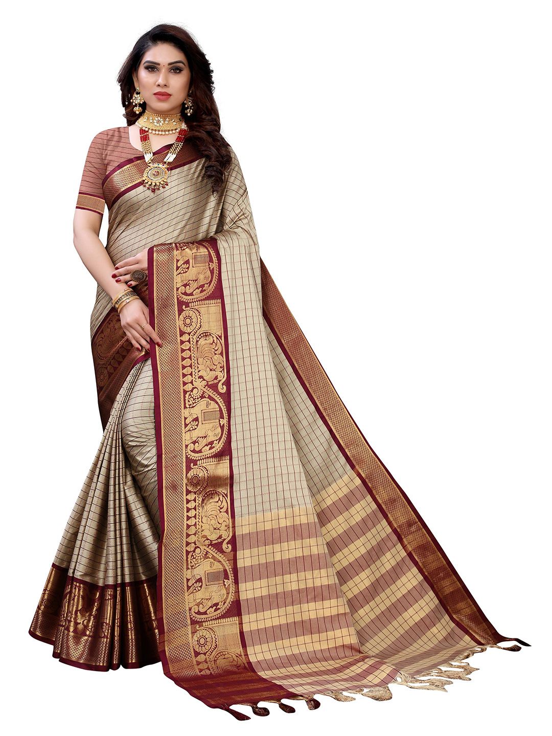 KALINI Grey & Maroon Checked Zari Pure Silk Saree