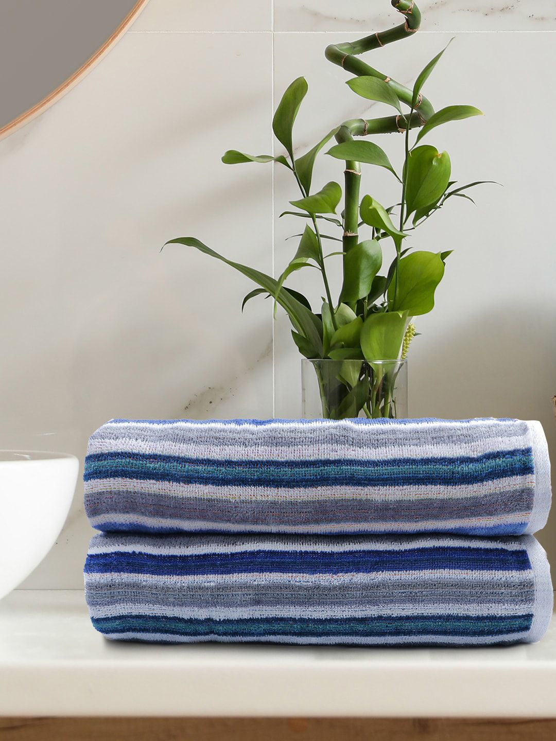 Trident Set of 2 Grey & Blue Striped 450 GSM Cotton Bath Towels Price in India