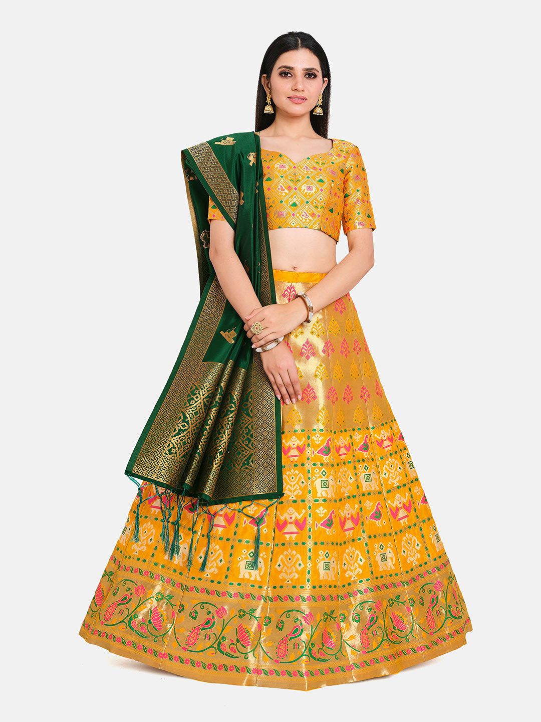 MIMOSA Women Mustard Yellow & Green Semi-Stitched Lehenga & Unstitched Blouse With Dupatta