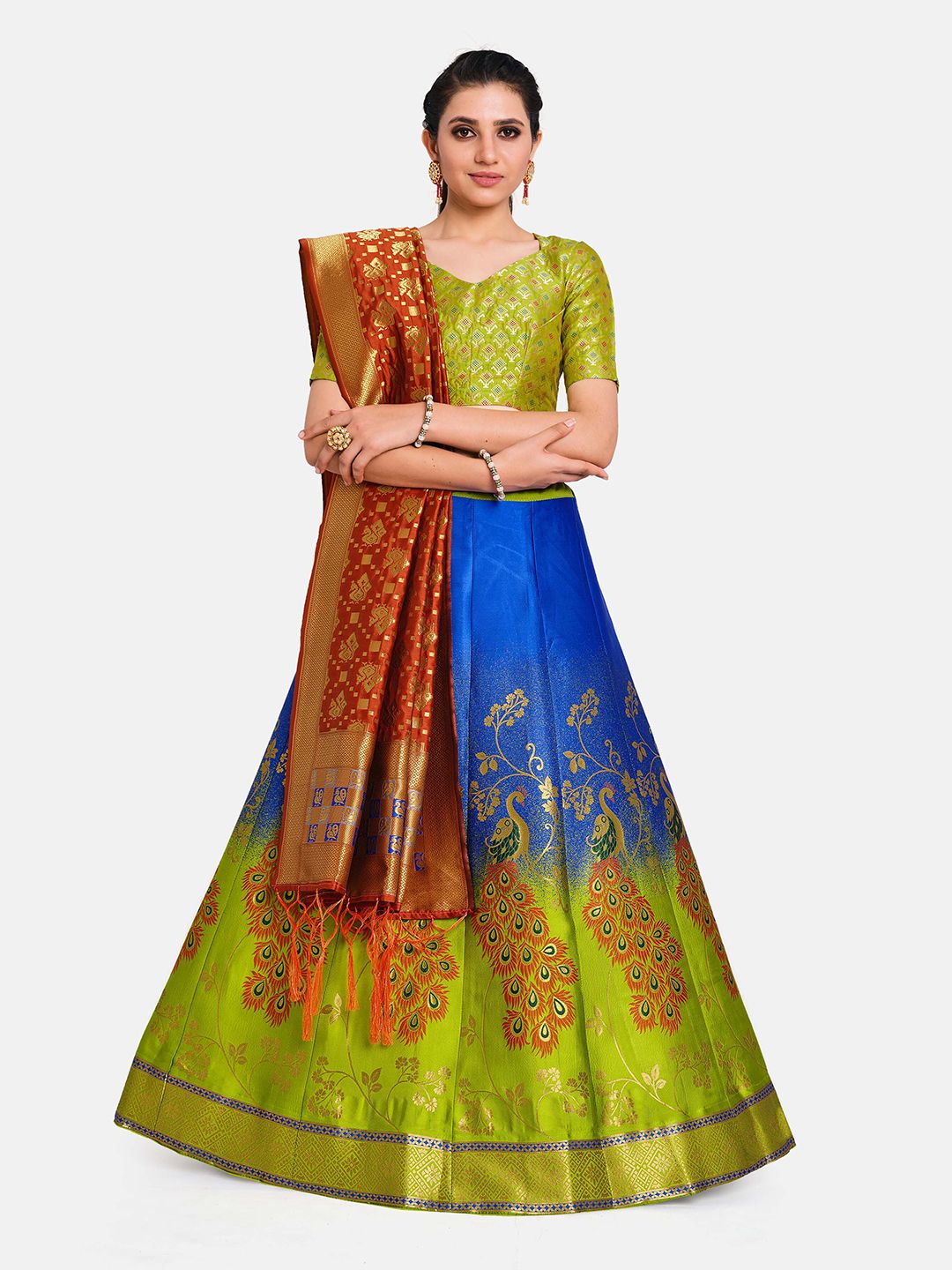 MIMOSA Women Blue & Green Semi-Stitched Lehenga & Unstitched Blouse With Dupatta