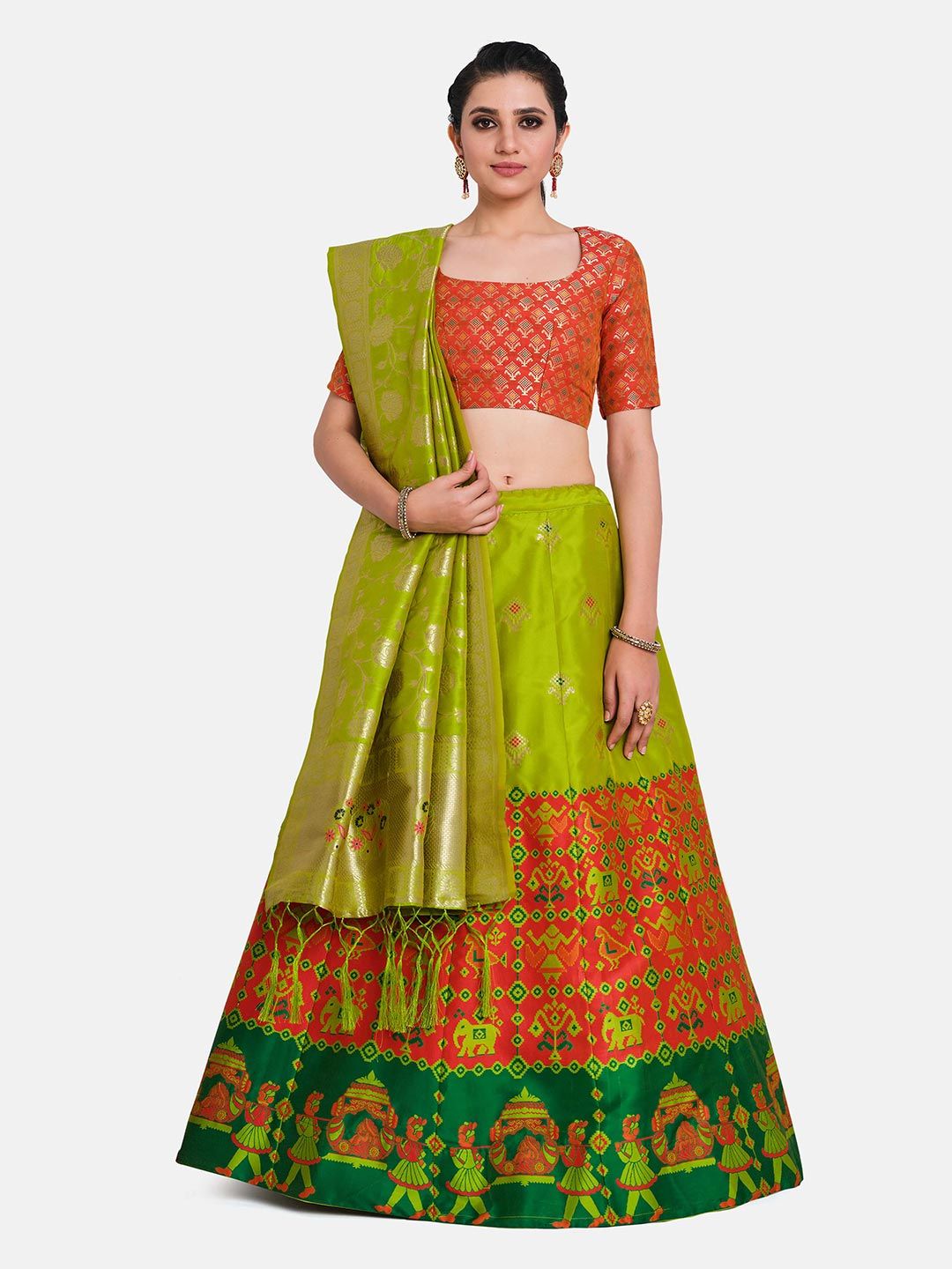 MIMOSA Red & Green Semi-Stitched Lehenga & Blouse with Dupatta