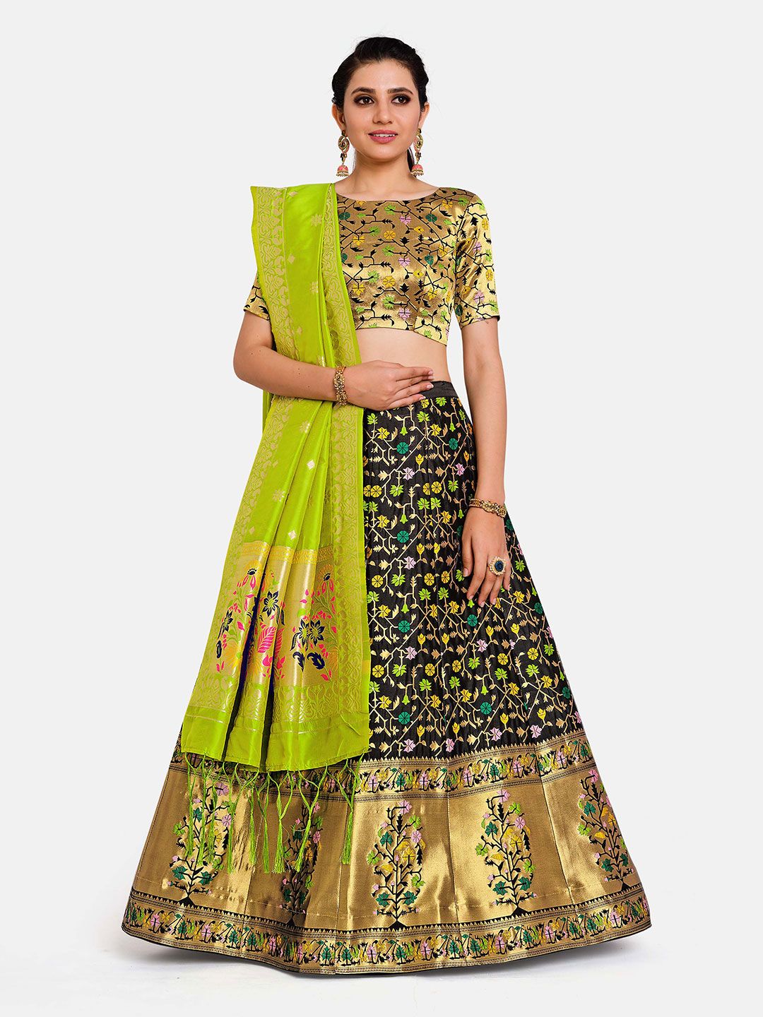 MIMOSA Women Green & Black Semi-Stitched Lehenga & Unstitched Blouse With Dupatta