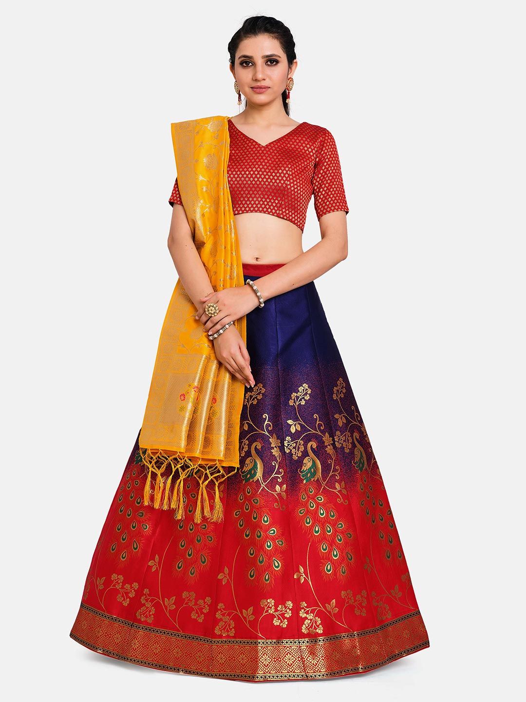 MIMOSA Women Red & Navy Blue Semi-Stitched Lehenga & Unstitched Blouse With Dupatta