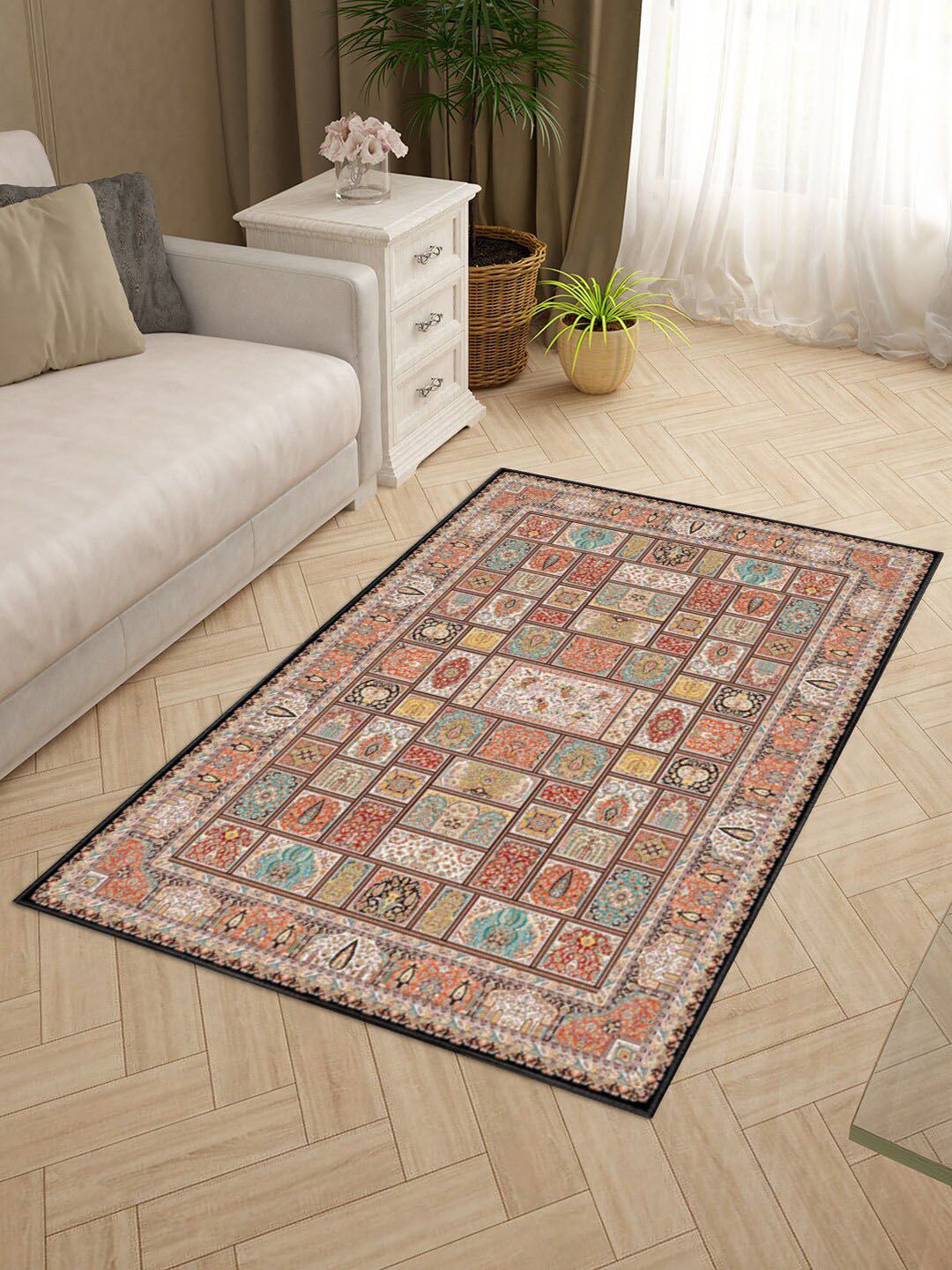 Status Beige & Brown Printed Hand-Tufted Silk Carpet Price in India