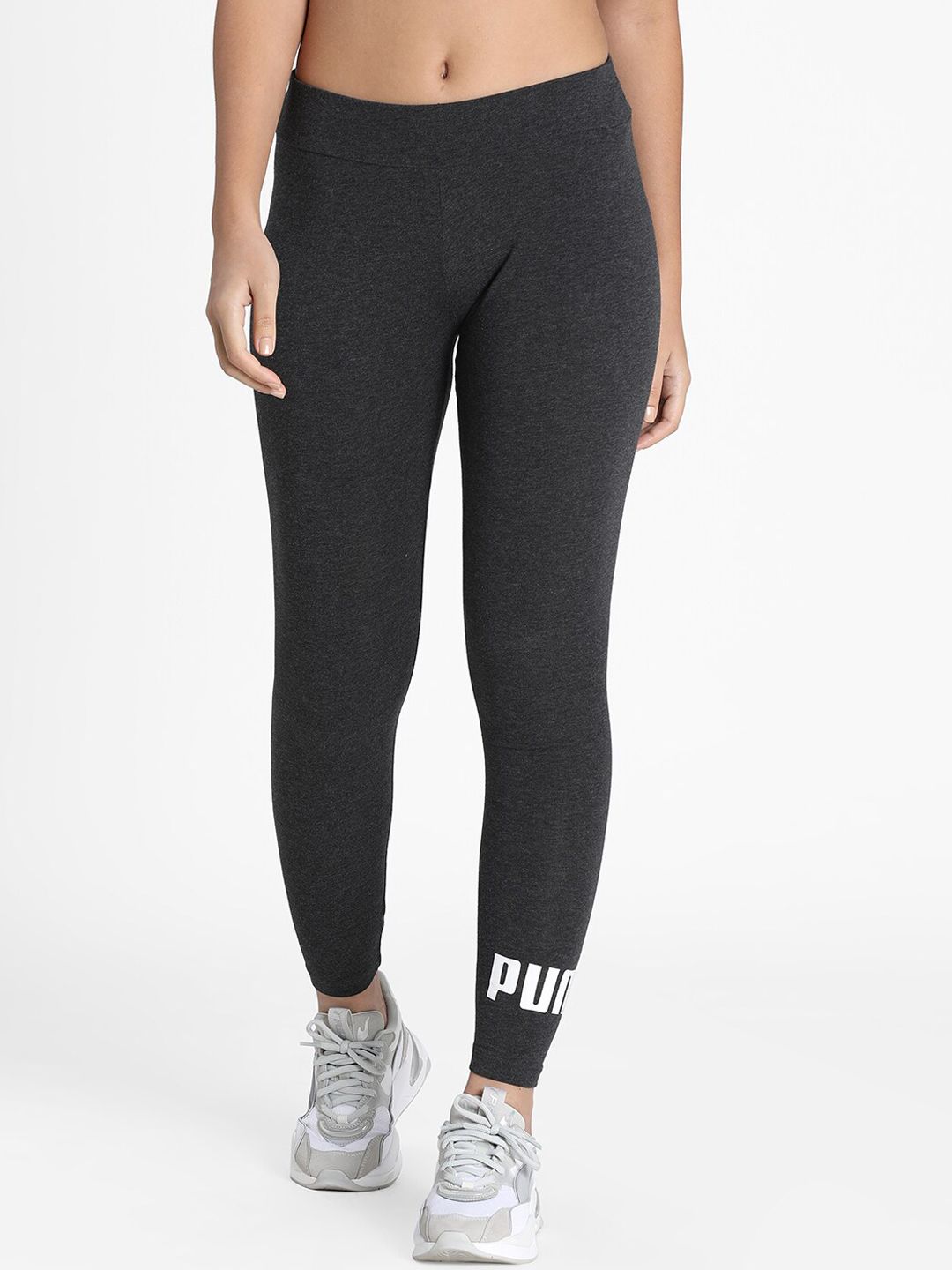Puma Women Charcoal Grey Solid Tight Fit Essentials Logo Leggings Price in India