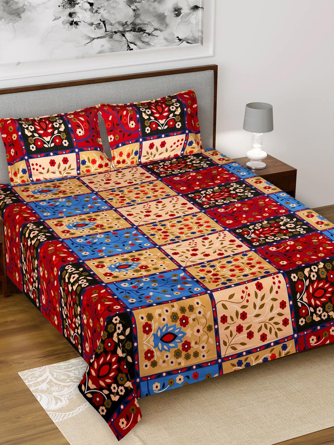 Kuber Industries Red & Cream-Coloured Floral 144 TC King Bedsheet with 2 Pillow Covers Price in India