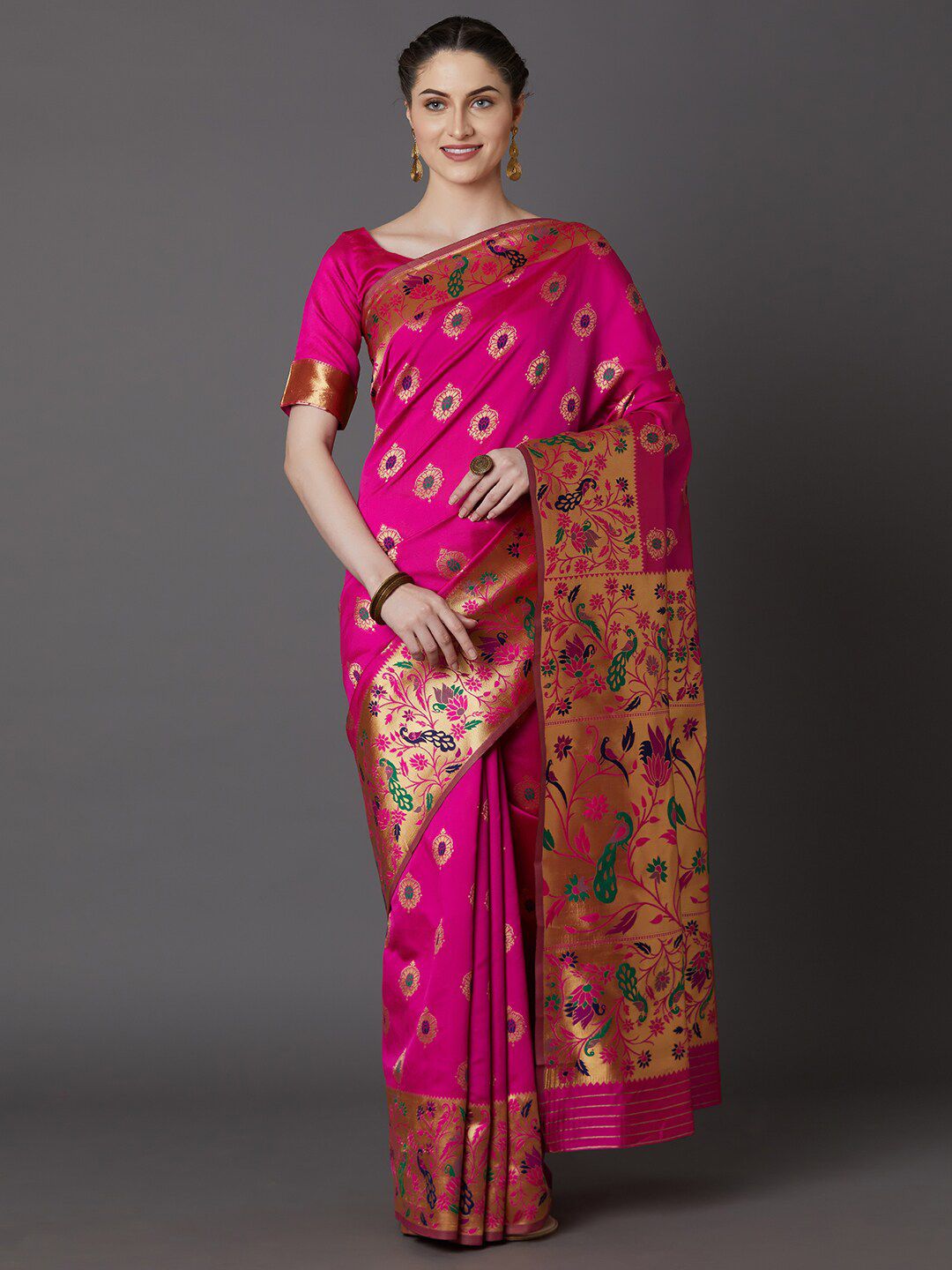 Saree mall Pink & Gold-Toned Woven Design Silk Blend Banarasi Sarees