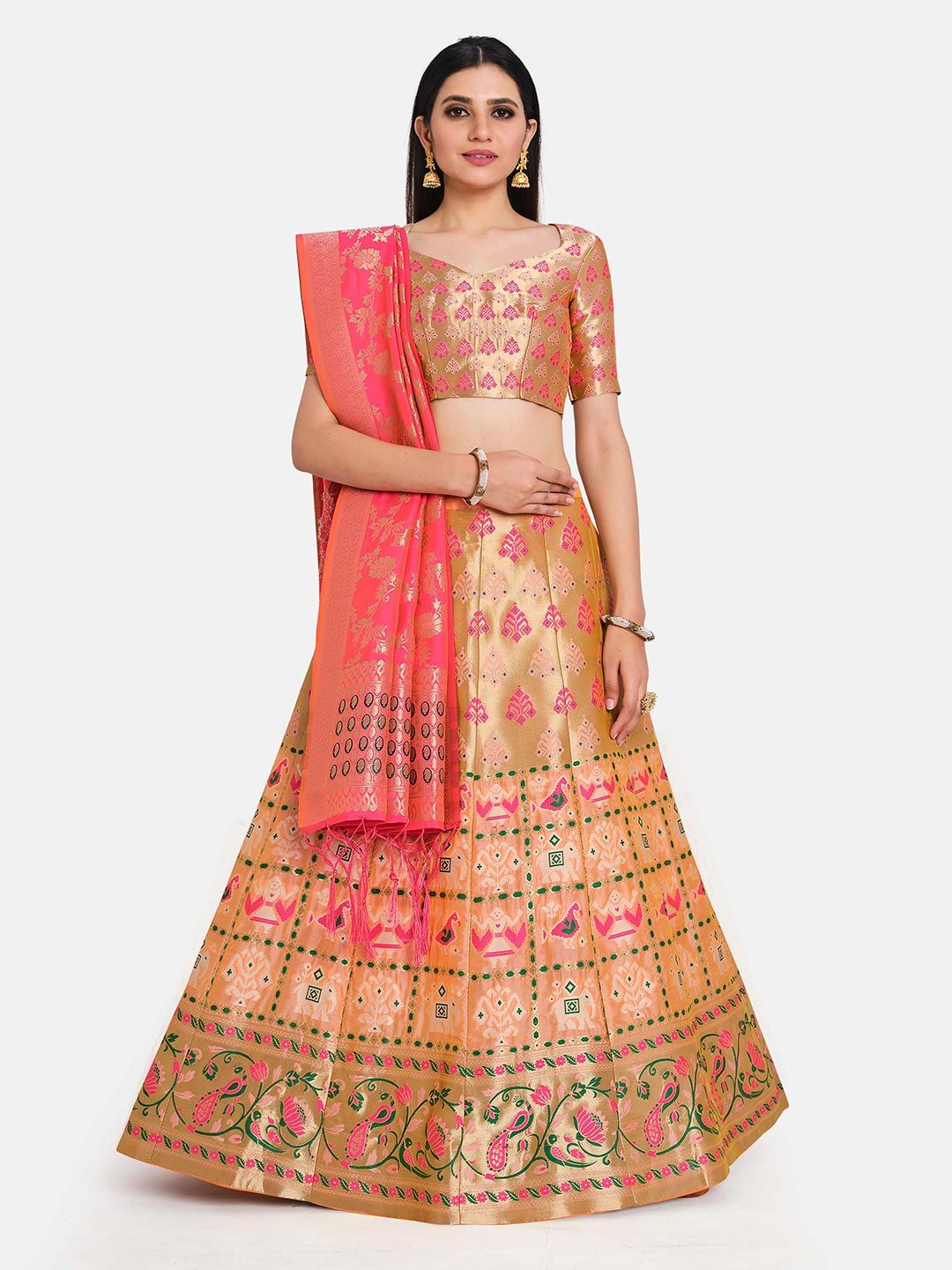 MIMOSA Women Peach & Gold-Toned Semi-Stitched Lehenga & Unstitched Blouse With Dupatta