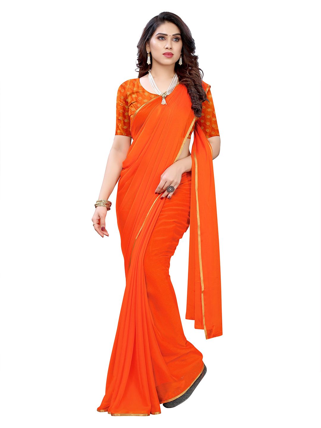 KALINI Orange & Gold-Toned Pure Chiffon Saree