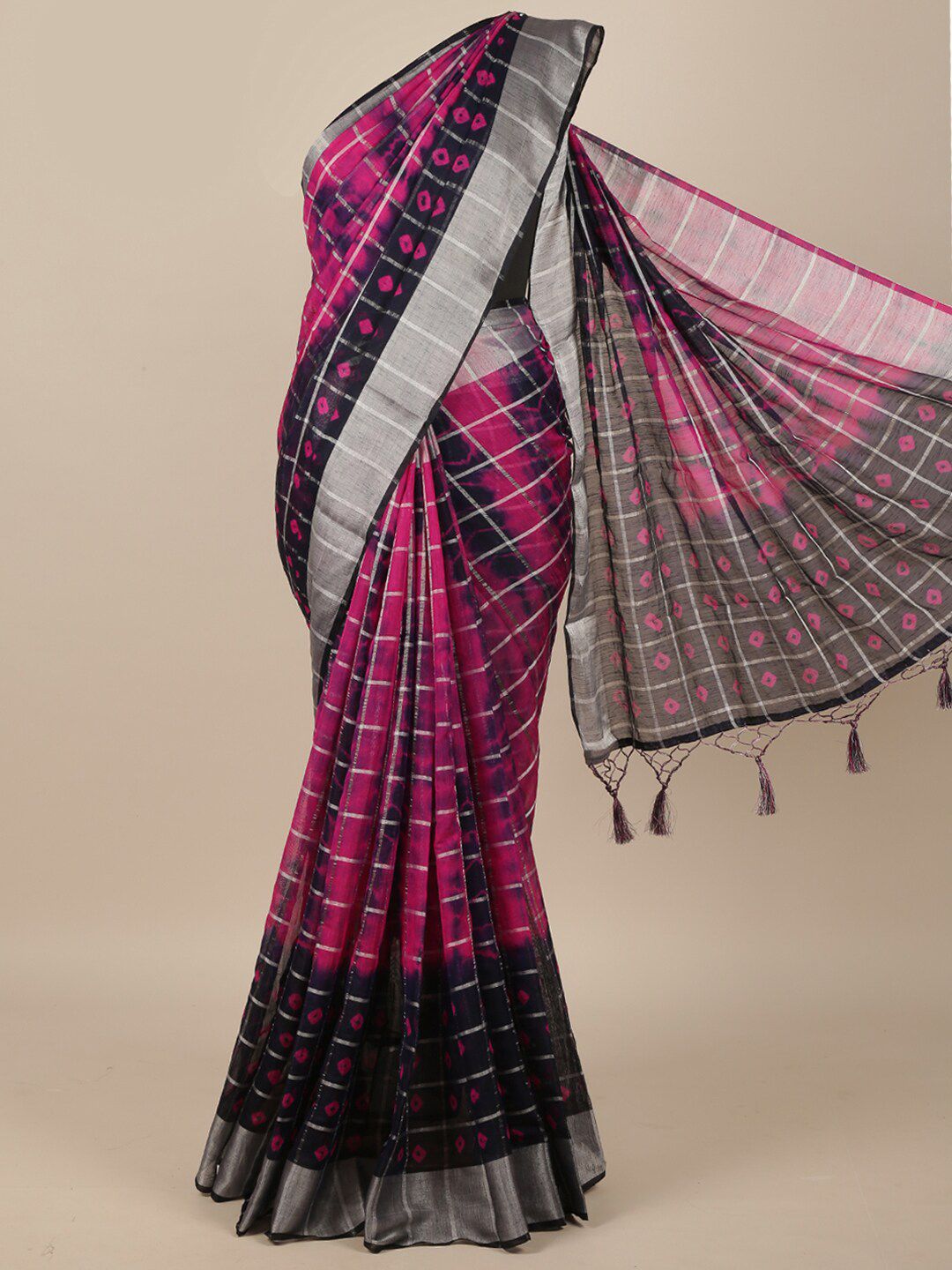 Pothys Magenta & Black Checked Zari Jute Silk Saree