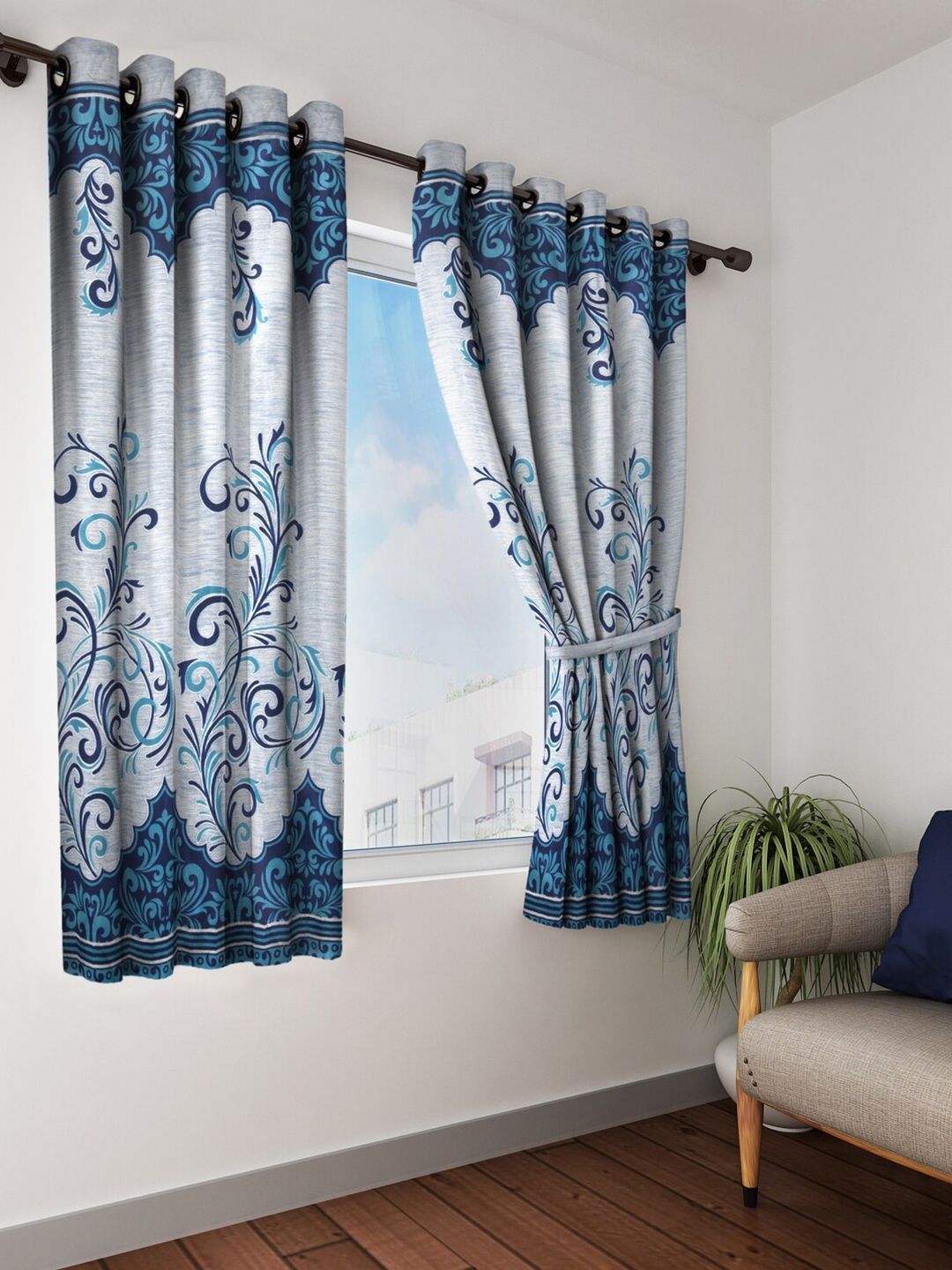 Home Sizzler Blue & Off White Set of 2 Ethnic Motifs Window Curtain Price in India