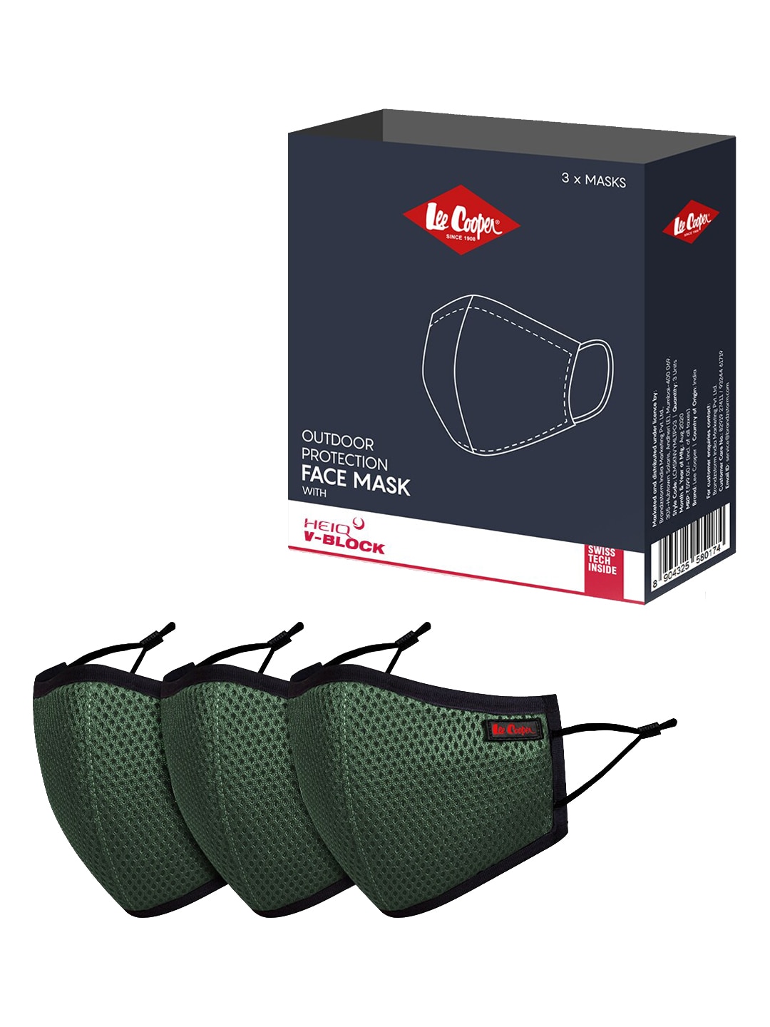 Lee Cooper Pack Of 3 Green Solid 6-Ply Cotton Outdoor Protective Face Masks Price in India